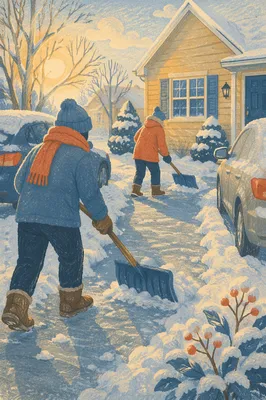 Neighbors Shoveling Snowy Driveway at Sunrise