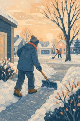 Neighborly Snow Shoveling on Winter Morning