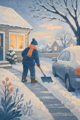 Neighbor Shoveling Snowy Driveway at Dawn