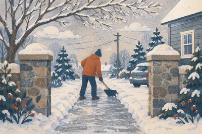 Neighbor Shoveling Snowy Driveway at Dawn