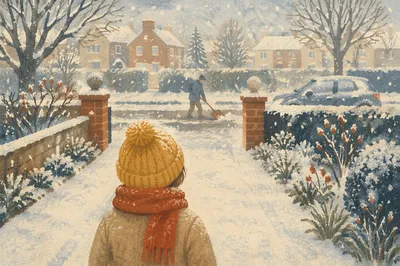 Child Watching Neighbor Shovel Snow
