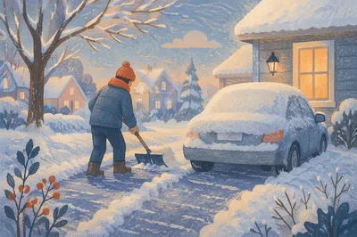 Neighbor Shoveling Snowy Driveway at Dawn