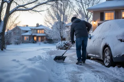 Neighbor Shoveling Snow on Winter Driveway