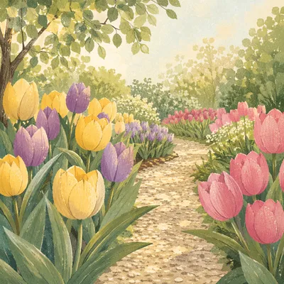 Blooming Tulip Garden in Morning Light