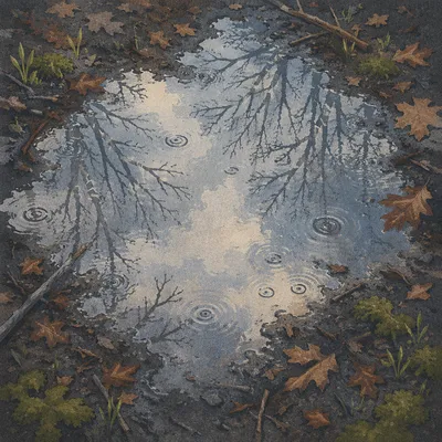 Spring Rain Puddle Reflecting Cloudy Sky