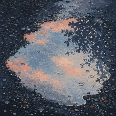 Spring Rain Puddle Reflecting Evening Sky