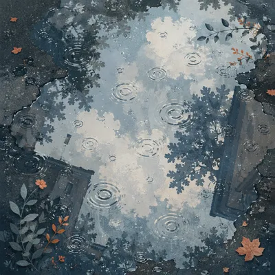 Spring Rain Puddle Reflecting Cloudy Sky