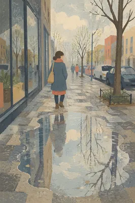 Spring Rain Puddle Reflecting City Sky