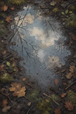 Spring Rain Puddle Reflecting Woodland Sky