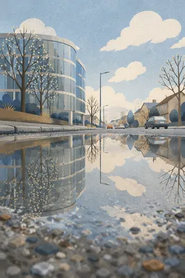 Spring Rain Puddle Sky Reflection Scene