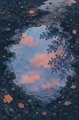 Spring Rain Puddle Reflecting Evening Sky