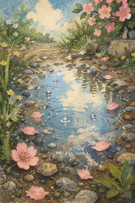 Spring Rain Puddle Reflecting Bright Sky