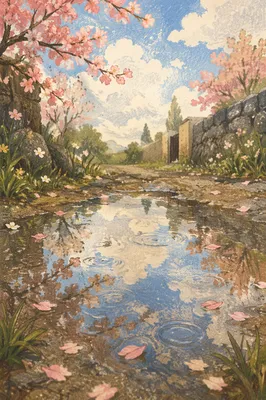 Spring Rain Puddle Reflecting Open Sky