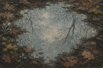 Spring Rain Puddle Reflecting Woodland Sky