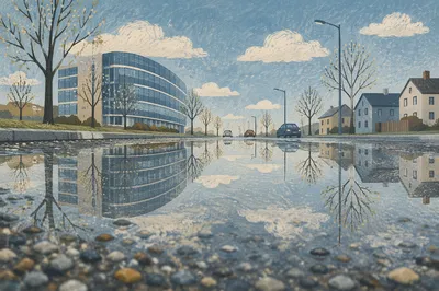 Spring Rain Puddle Reflecting Quiet Sky