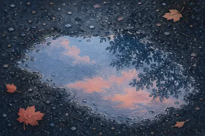 Spring Rain Puddle Reflecting Evening Sky
