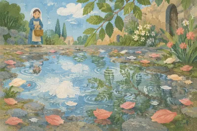 Spring Rain Puddle Reflecting Quiet Sky