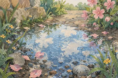 Spring Rain Puddle Reflecting Bright Sky