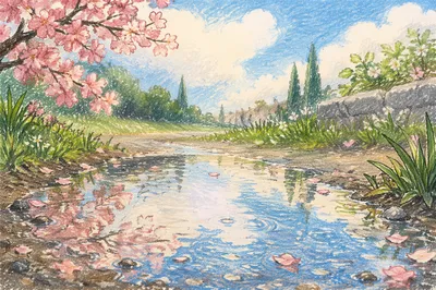 Spring Rain Puddle Reflecting Bright Sky