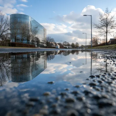 Spring Rain Puddle Sky Reflection Scene