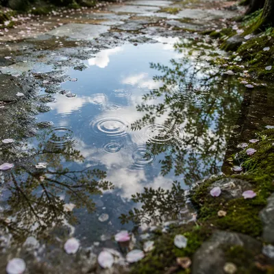 Spring Rain Puddle Reflecting Blue Sky