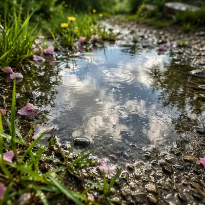 Spring Rain Puddle Sky Reflection