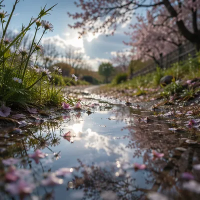 Spring Rain Puddle Reflecting Bright Sky
