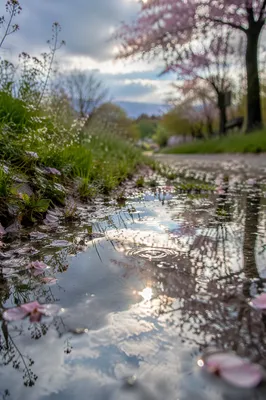 Spring Rain Puddle Reflecting Bright Sky