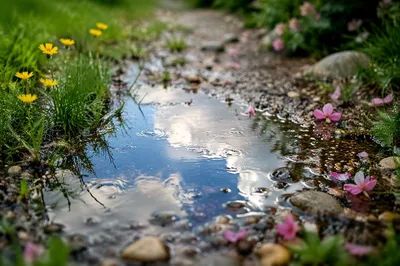 Spring Rain Puddle Reflecting Bright Sky