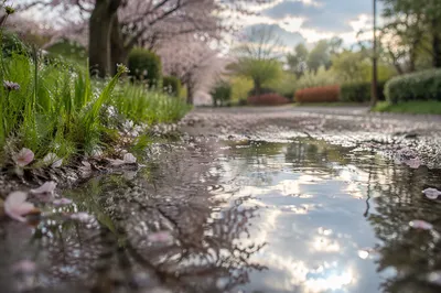Spring Rain Puddle Reflecting Bright Sky