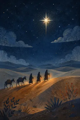 Travelers Following the Star in Desert Night