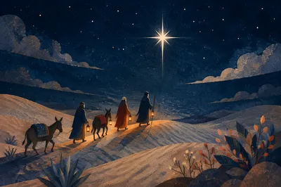 Travelers Following the Star in Desert Night