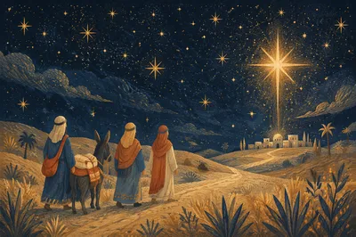 Travelers Following the Star in Desert Night