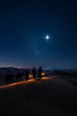 Travelers Following the Star in Desert Night