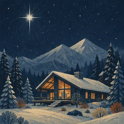 Star of Bethlehem Over Snowy Mountain Cabin
