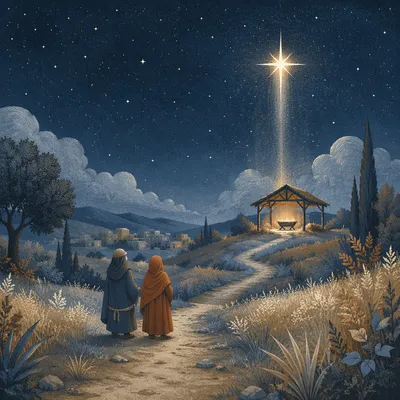 Star of Bethlehem Over Winter Manger