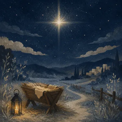 Star of Bethlehem Over Frosty Manger