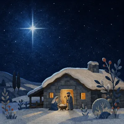 Star of Bethlehem Over Winter Cabin
