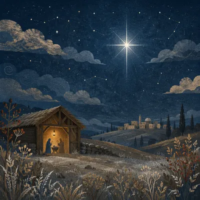 Bethlehem Star Over Frosted Rural Shelter