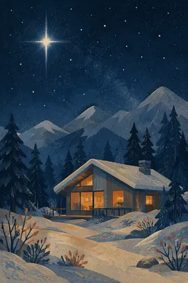 Star of Bethlehem Over Snowy Mountain Cabin