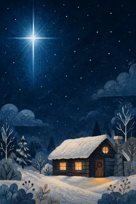 Star of Bethlehem Over Winter Cabin