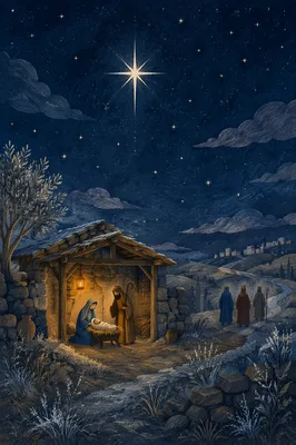 Star of Bethlehem Over Quiet Christmas Hillside