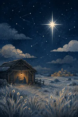 Bethlehem Star Over Frosted Rural Shelter