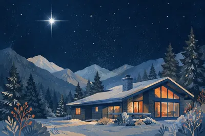 Star of Bethlehem Over Snowy Mountain Cabin