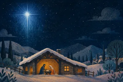 Guiding Star Over Winter Cabin Night