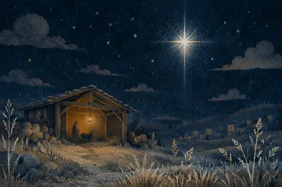 Bethlehem Star Over Frosty Rural Shelter
