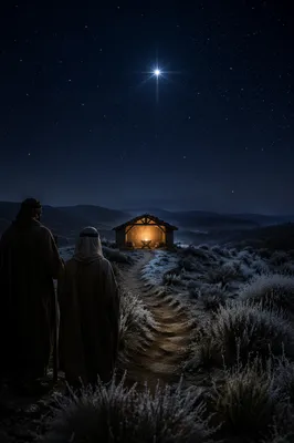Star of Bethlehem Over Quiet Christmas Hillside