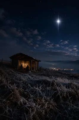 Bethlehem Star Over Frosty Rural Shelter