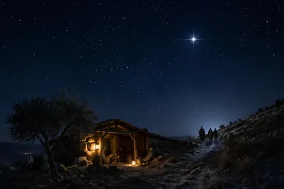 Star of Bethlehem Over Quiet Christmas Hillside