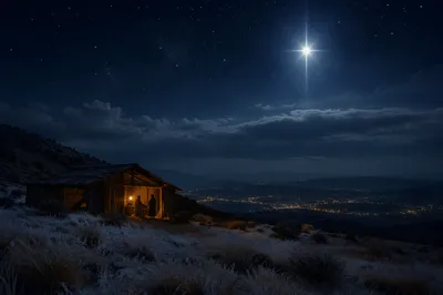 Bethlehem Star Over Frosty Rural Shelter